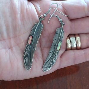 80's Vintage boho Nuri dangle  feather earrings with abalone